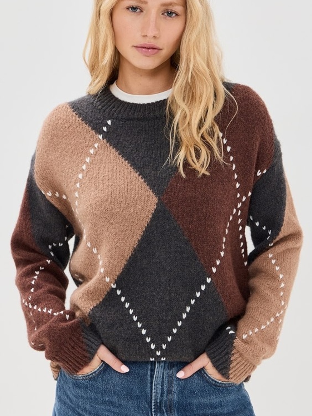 NWOT Little Lies Argyle Knit Sweater in Brown, Tan & Charcoal - M/L